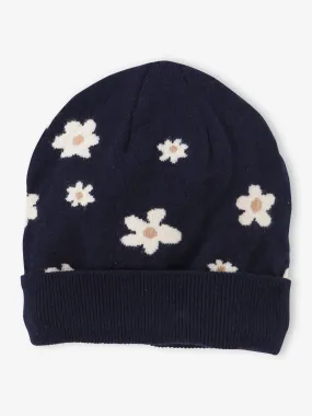 Bonnet fille avec motifs marguerites en jacquard marine - Vertbaudet