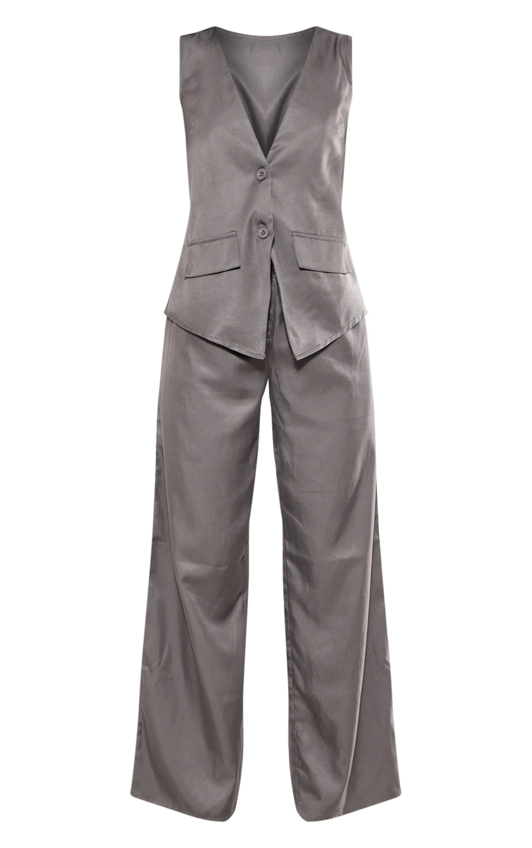 Combinaison style tailleur en maille tissée gris anthracite à pantalon large et gilet sans manches