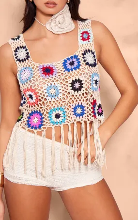 Crop top en maille crochet multicolore fleuri