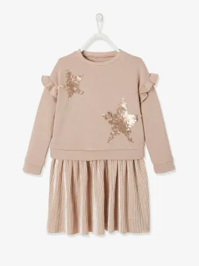 Robe de fête bi-matière fille étoiles en sequins fille rose - Vertbaudet