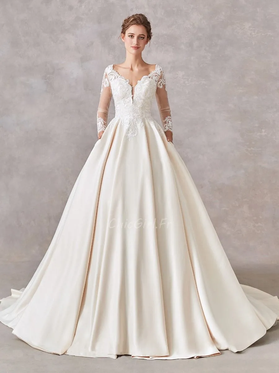 Robe De Mariée Classique Trapèze Champagne Satin Manche Longue Avec Poche