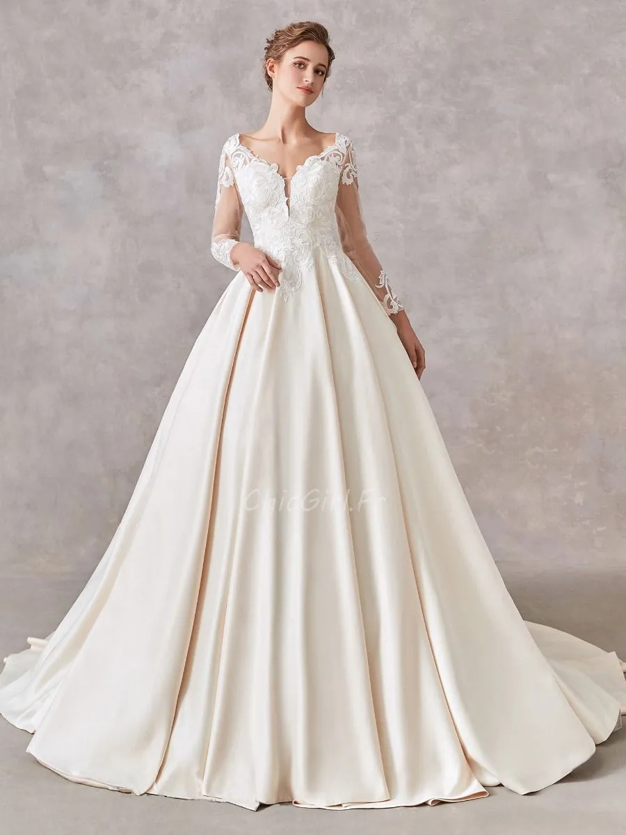 Robe De Mariée Classique Trapèze Champagne Satin Manche Longue Avec Poche