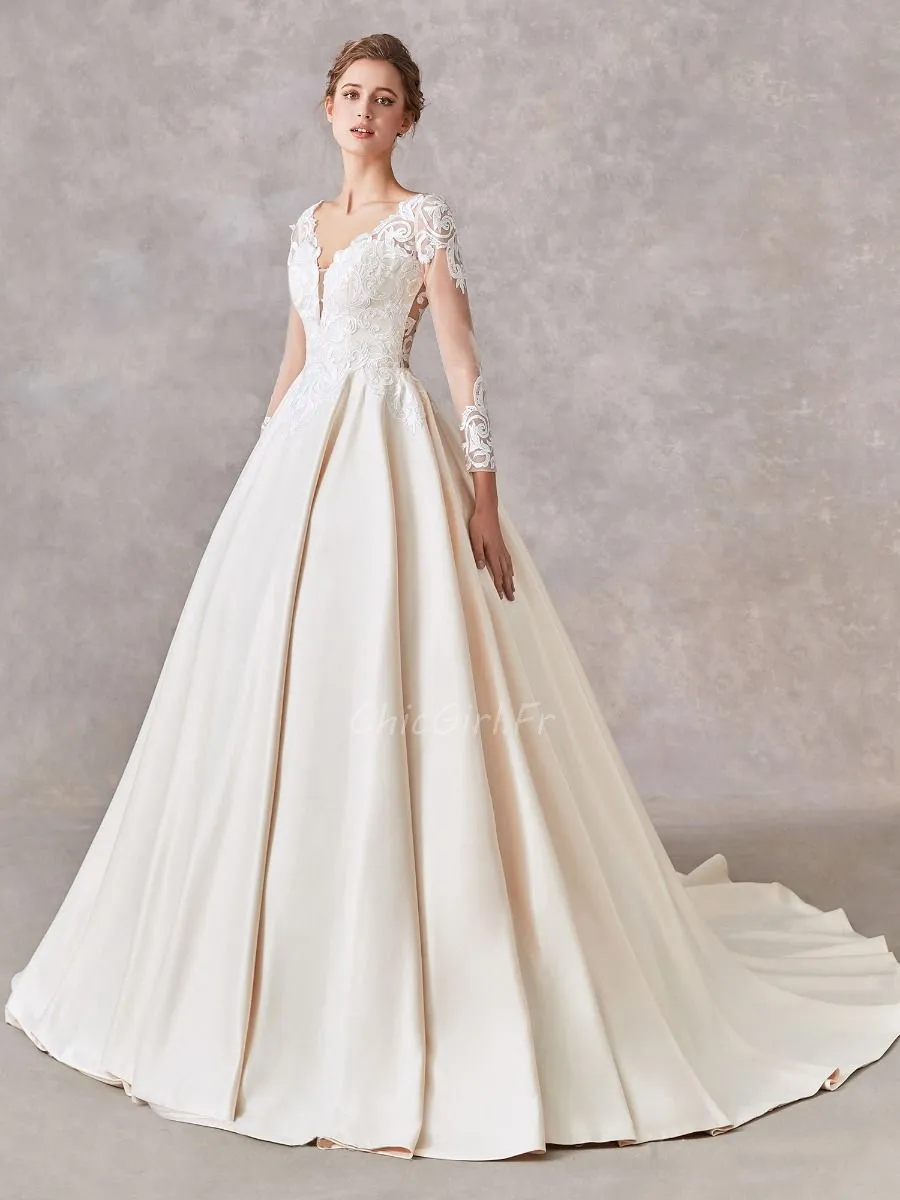 Robe De Mariée Classique Trapèze Champagne Satin Manche Longue Avec Poche