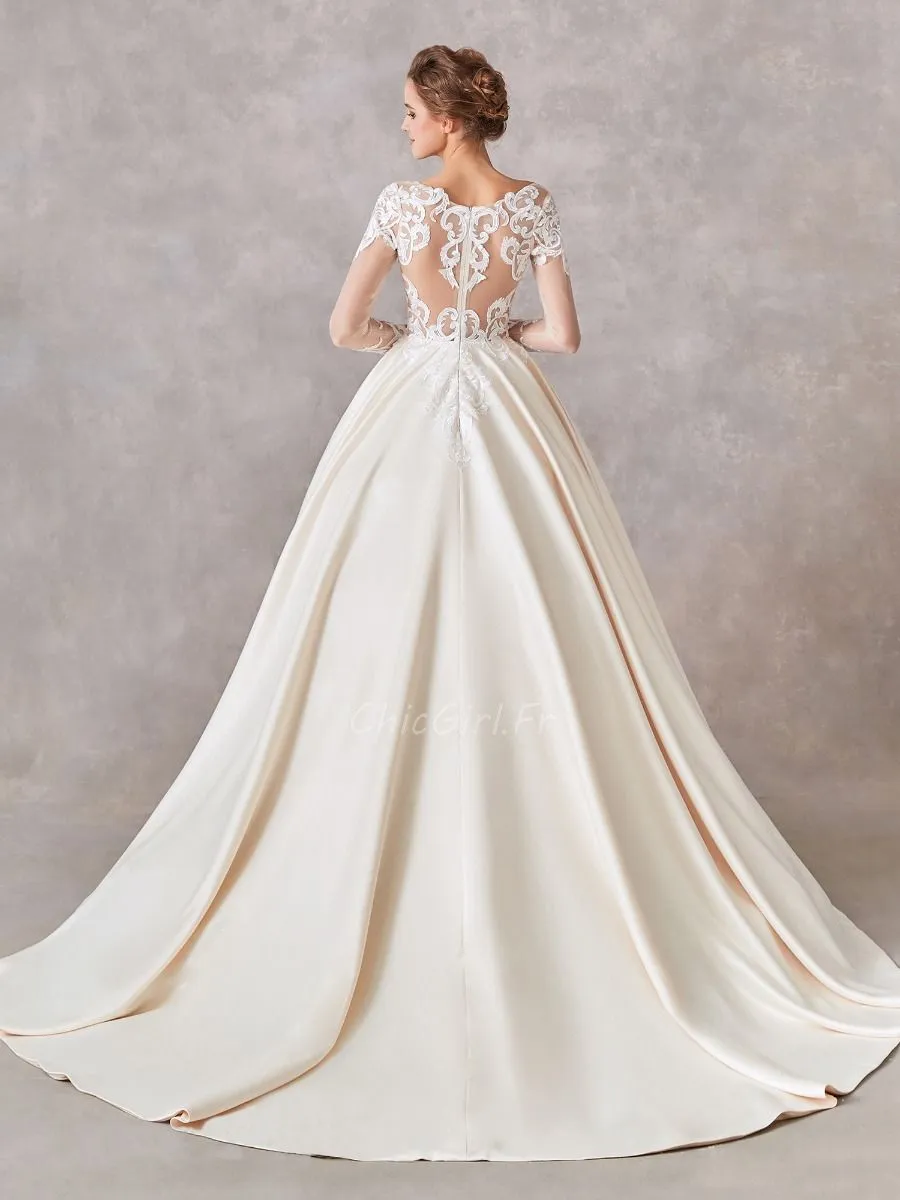 Robe De Mariée Classique Trapèze Champagne Satin Manche Longue Avec Poche