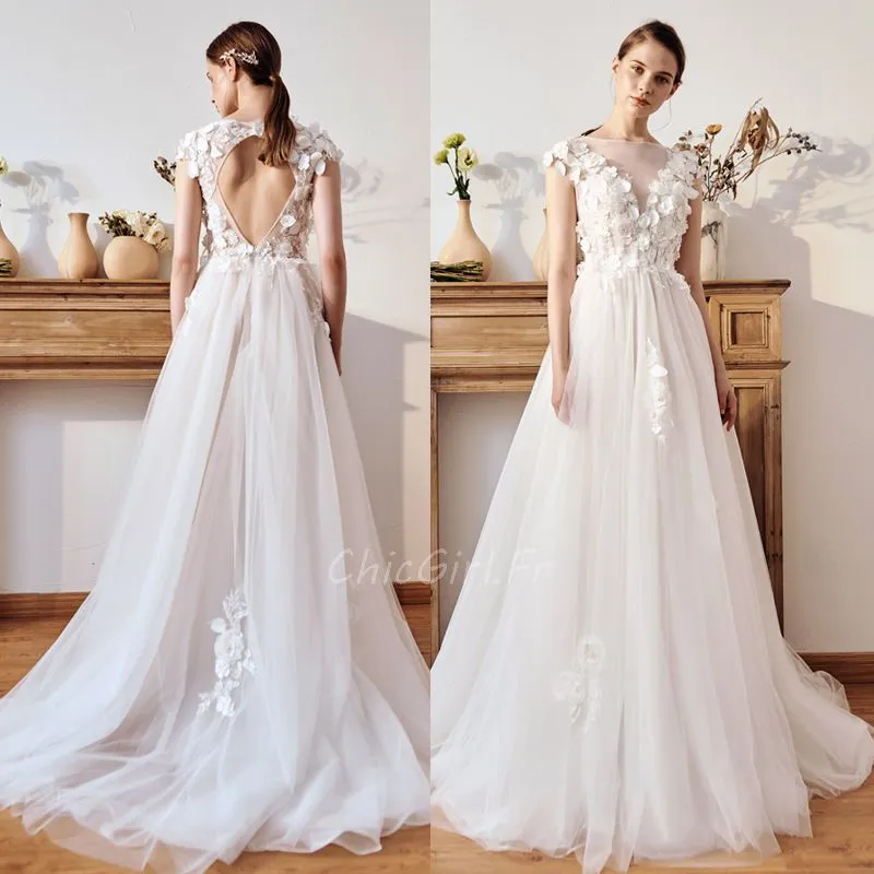 Robe De Mariée Trapèze Glamour Tulle Fluide Epaule Couverte Avec Fleurs