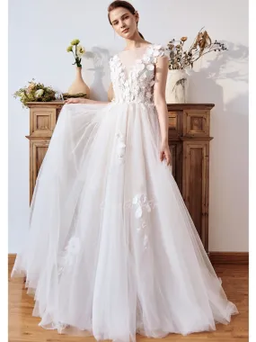 Robe De Mariée Trapèze Glamour Tulle Fluide Epaule Couverte Avec Fleurs