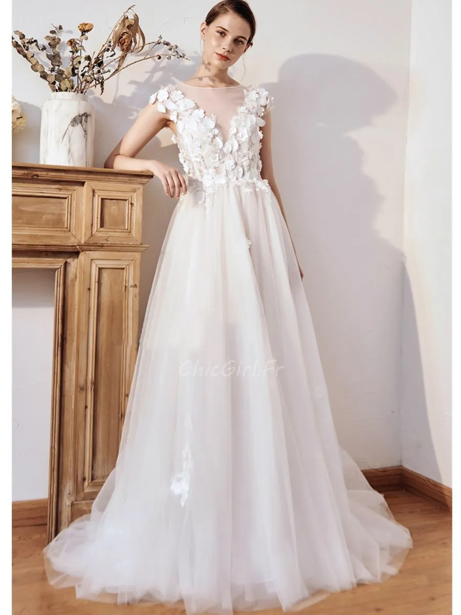 Robe De Mariée Trapèze Glamour Tulle Fluide Epaule Couverte Avec Fleurs