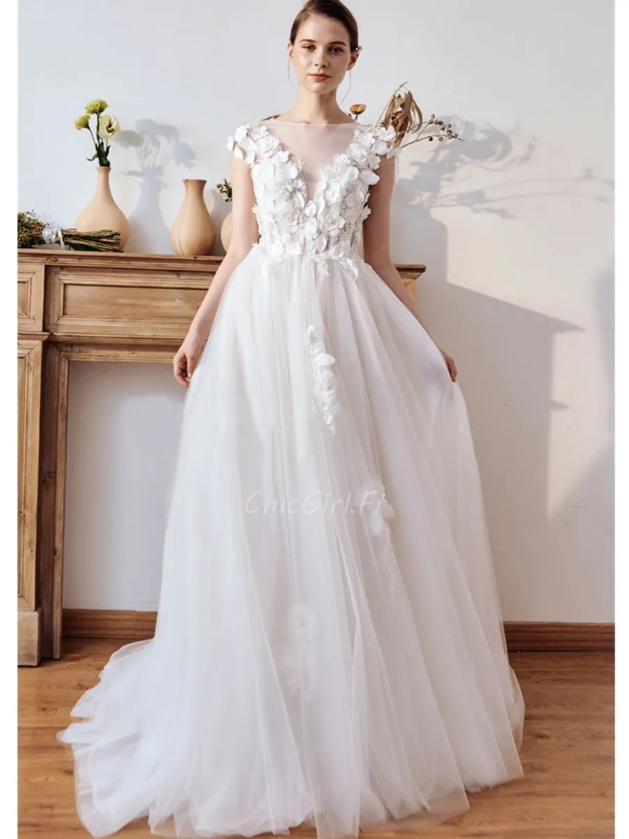 Robe De Mariée Trapèze Glamour Tulle Fluide Epaule Couverte Avec Fleurs