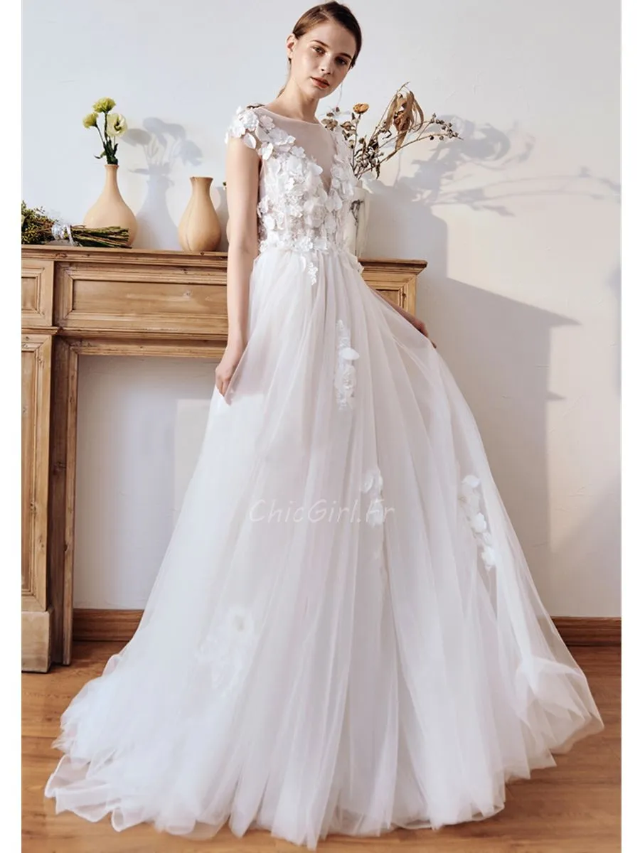 Robe De Mariée Trapèze Glamour Tulle Fluide Epaule Couverte Avec Fleurs