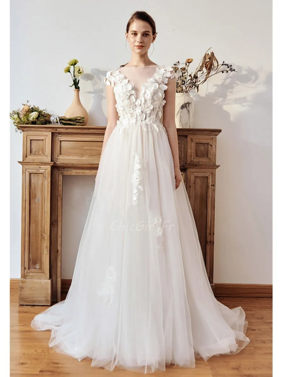 Robe De Mariée Trapèze Glamour Tulle Fluide Epaule Couverte Avec Fleurs