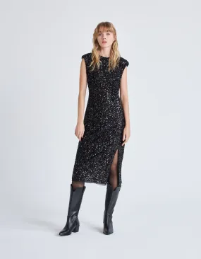 Robe fourreau noire entièrement brodée sequins Femme