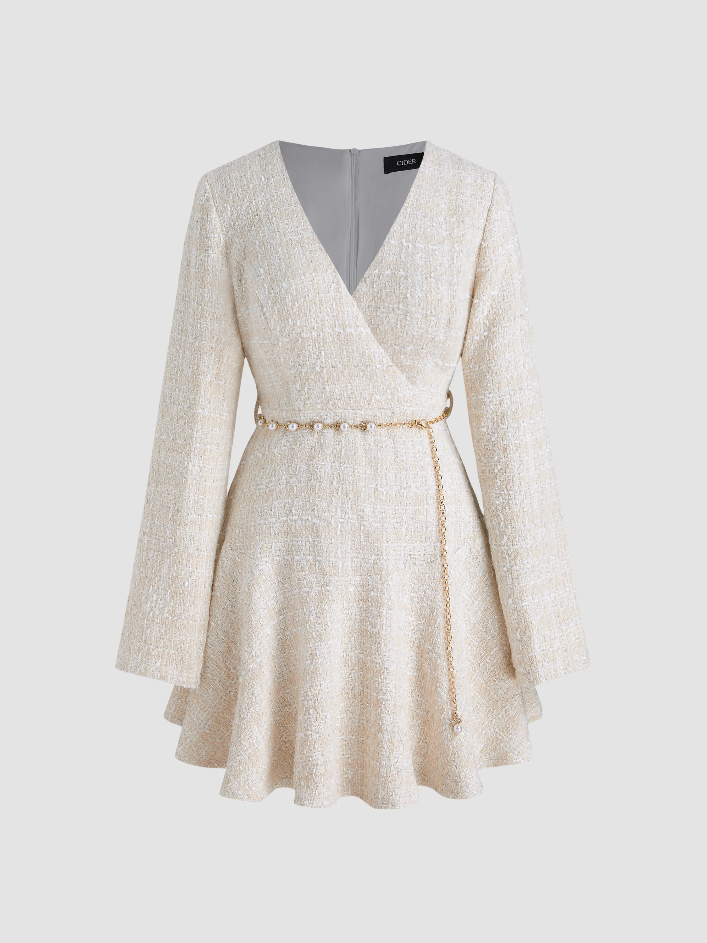  Robe Mini en Tweed à Col V Solide avec Faux Perles