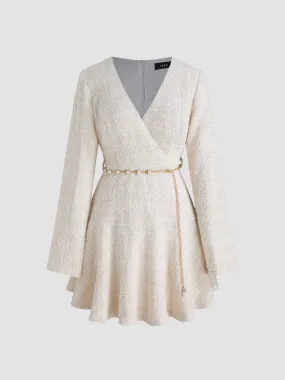  Robe Mini en Tweed à Col V Solide avec Faux Perles