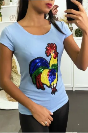 T-shirt bleu avec motif coq en strass