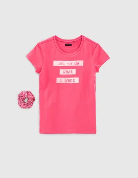 T-shirt fuchsia coton bio à message avec chouchou fille