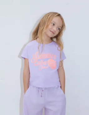 T-shirt lilas message et fruits fluo fille